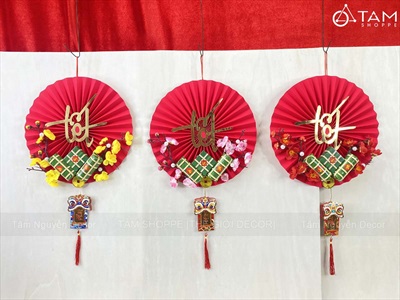 Vòng treo cửa Tết Quạt giấy nhung Đỏ Tết bánh chưng xanh [3 kiểu - Nhẹ] N30cm VTC-T-47